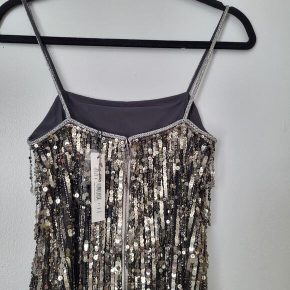 NWT $1000 Alice + Olivia Chicago Sequin Fringe Mini Dress Gunmetal Silver Sz 0 - Picture 16 of 16